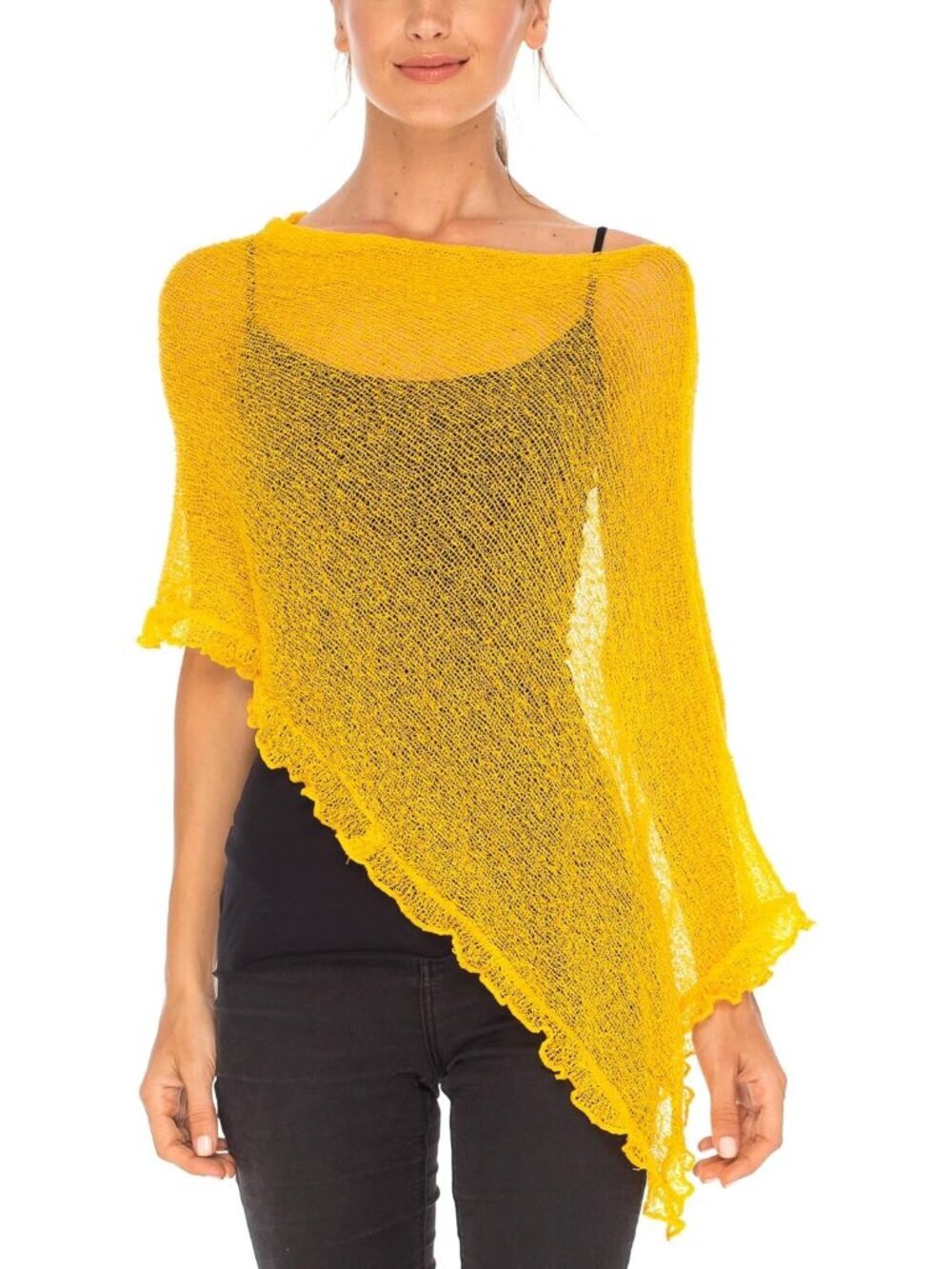 Women’s Yellow Sheer Knit Poncho Shrug Lightweight Asymmetrical Ruffle Wraps